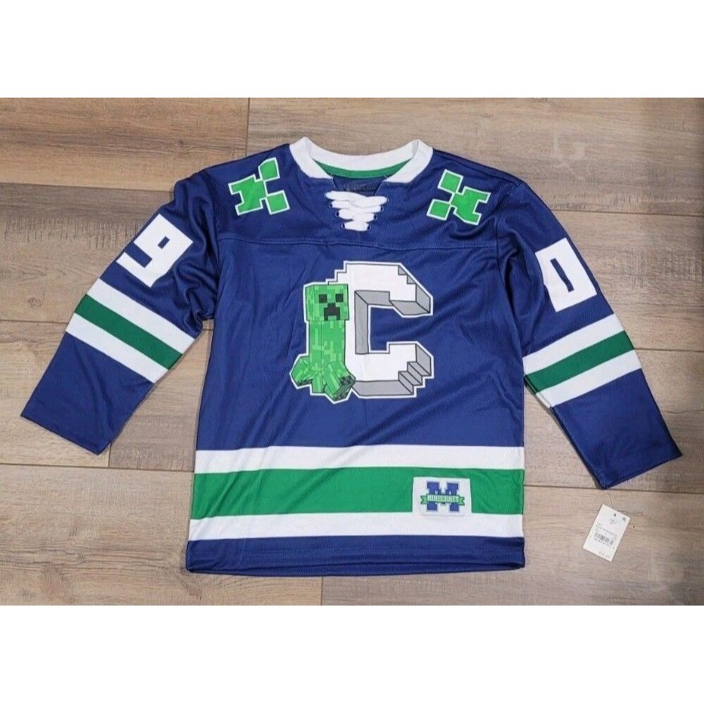 Youth Minecraft Hockey Jersey Size S Blue Green Long Sleeve #09 Creeper Captain